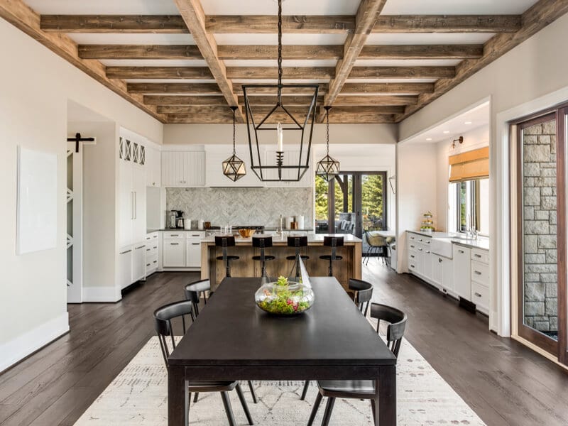 Open concept rustic living room and kitchen