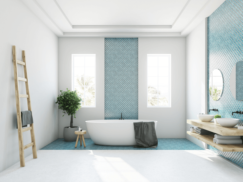 Bright bathroom with blue tile 