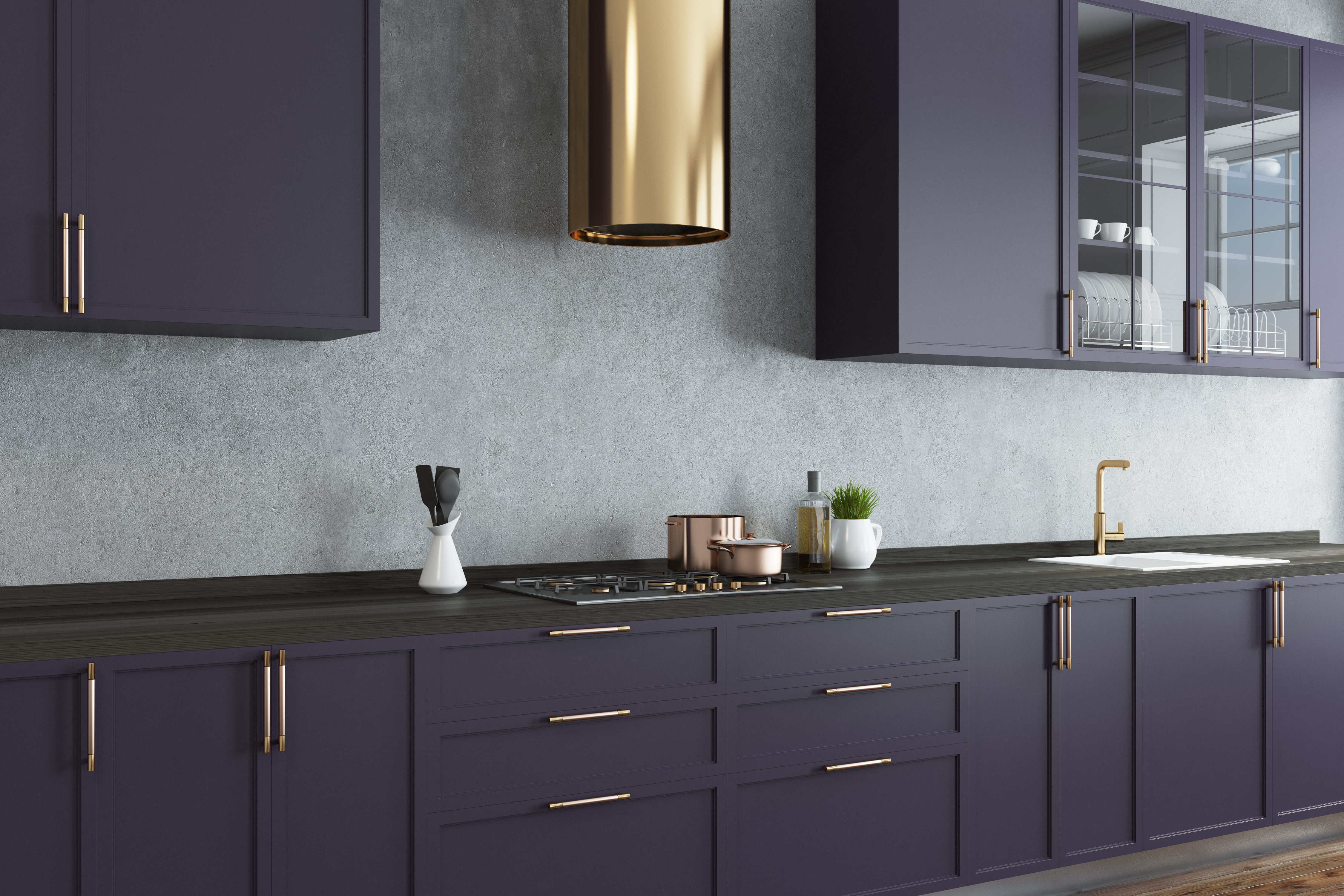 Modern kitchen with dark purple cabinets