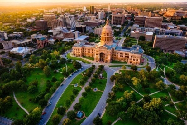 Aerial view of Capitol building in Austin the Capital of Texas.