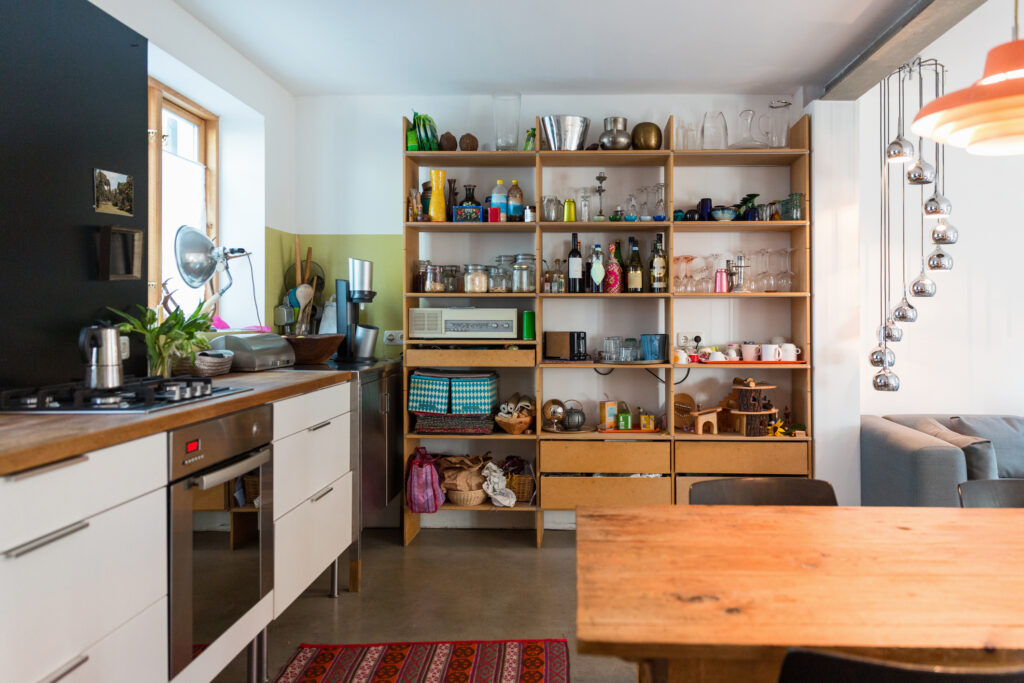 bookshelf in kitchen