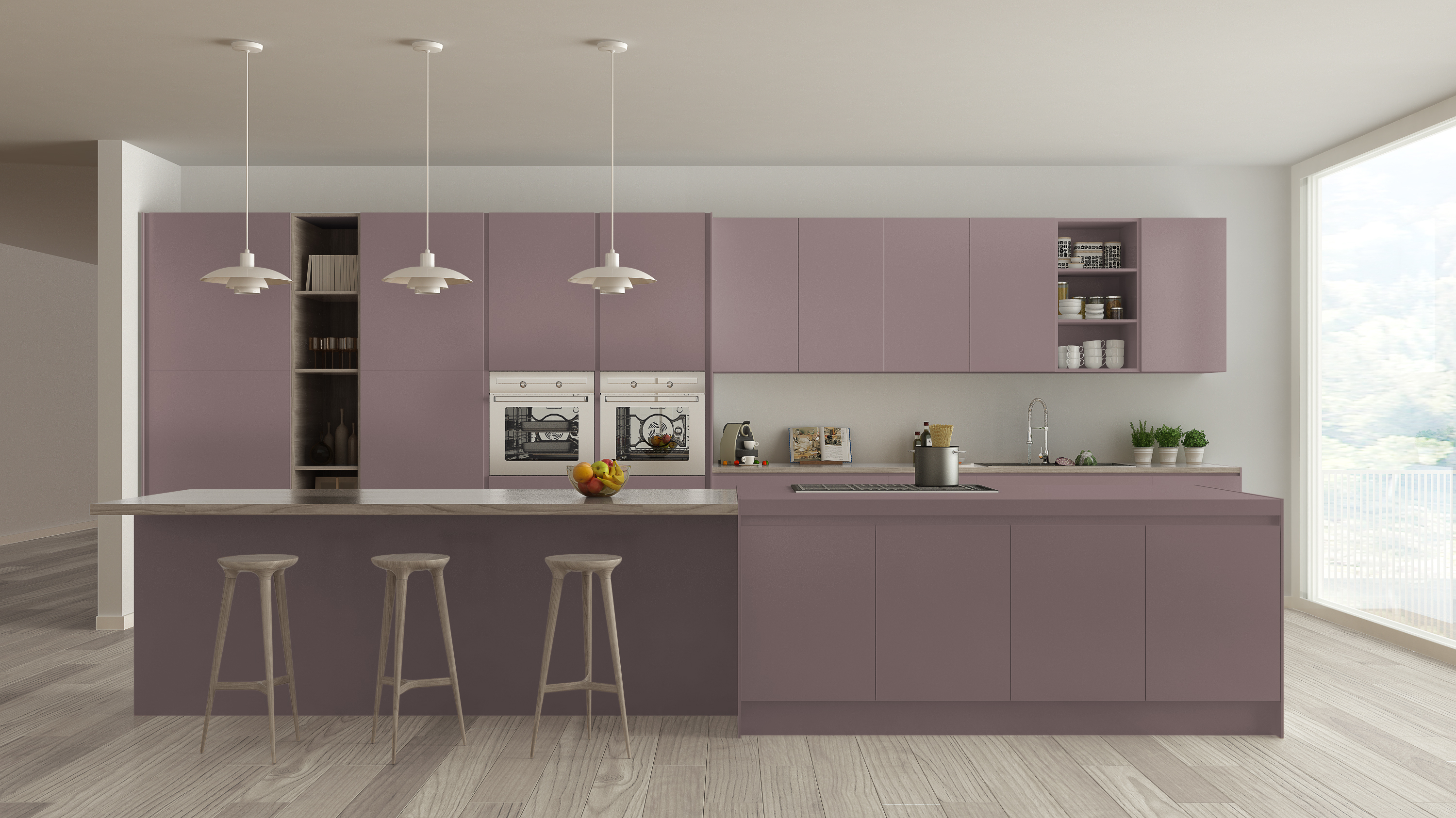 Modern kitchen with lavender cabinets and wooden barstools