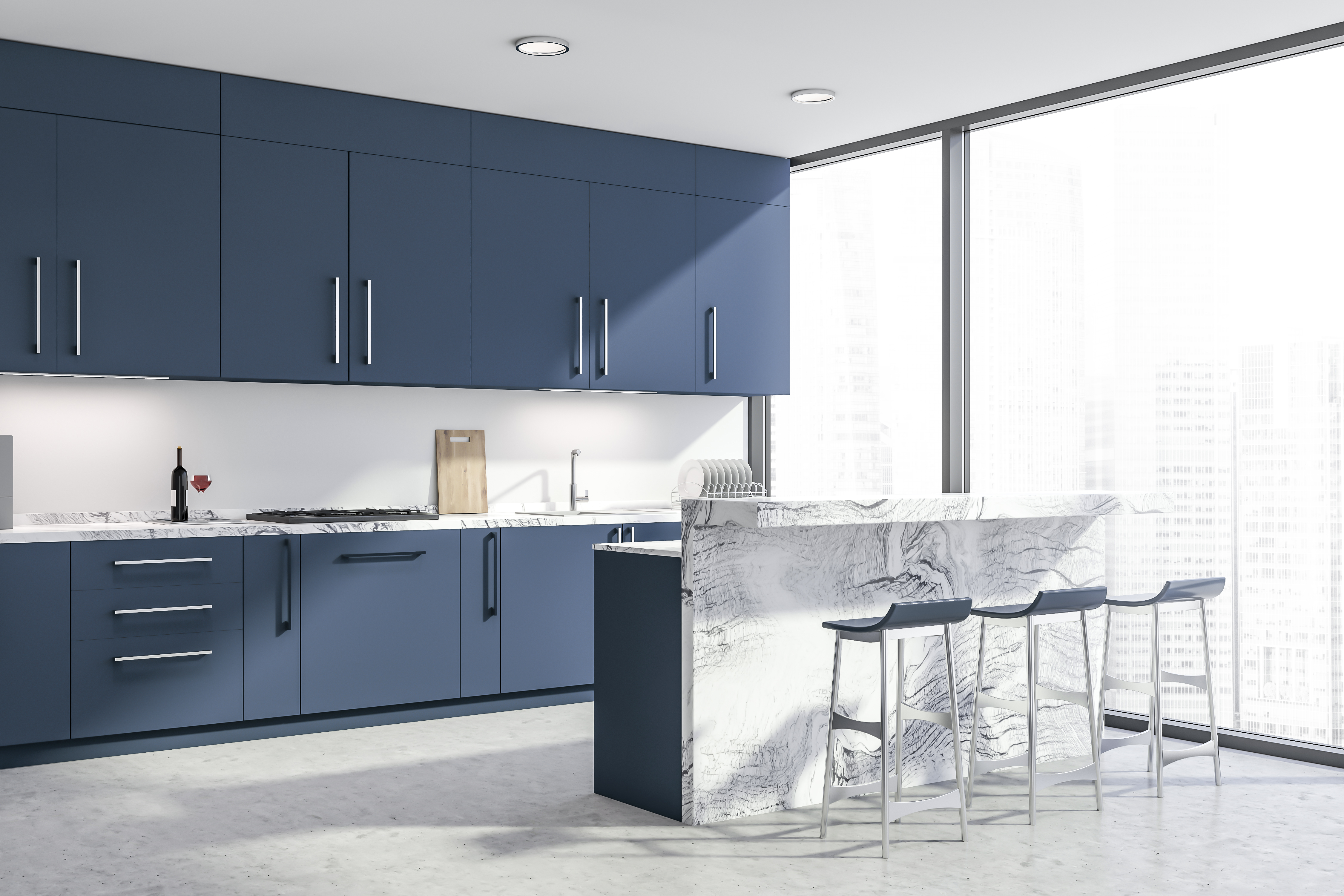 Kitchen with floor to ceiling windows and navy cabinets