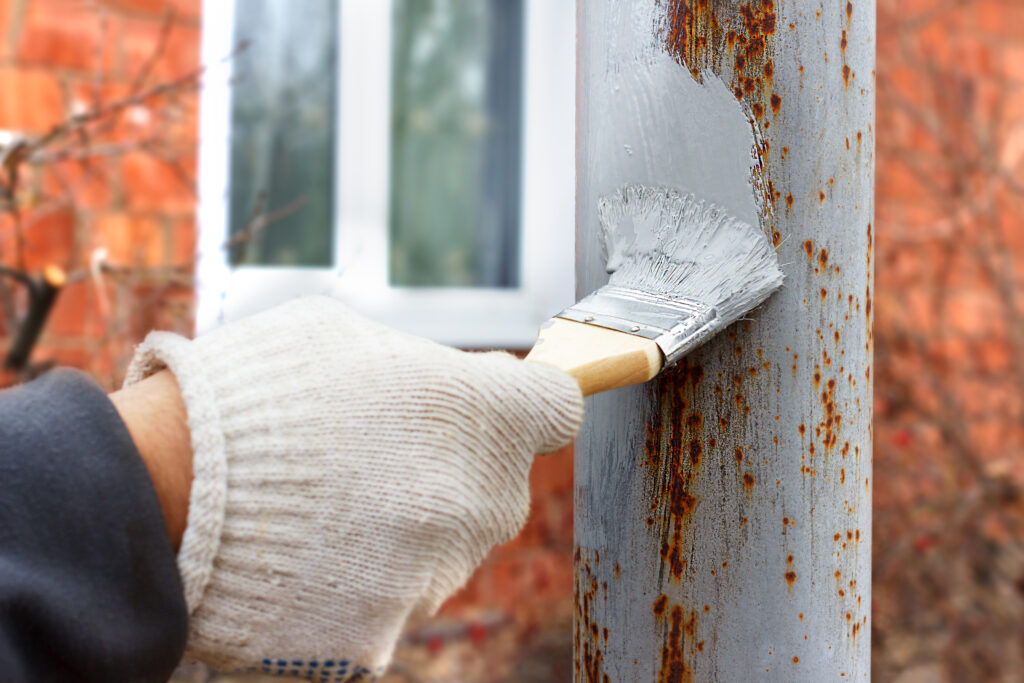 Person wearing glove and painting over rusty pole