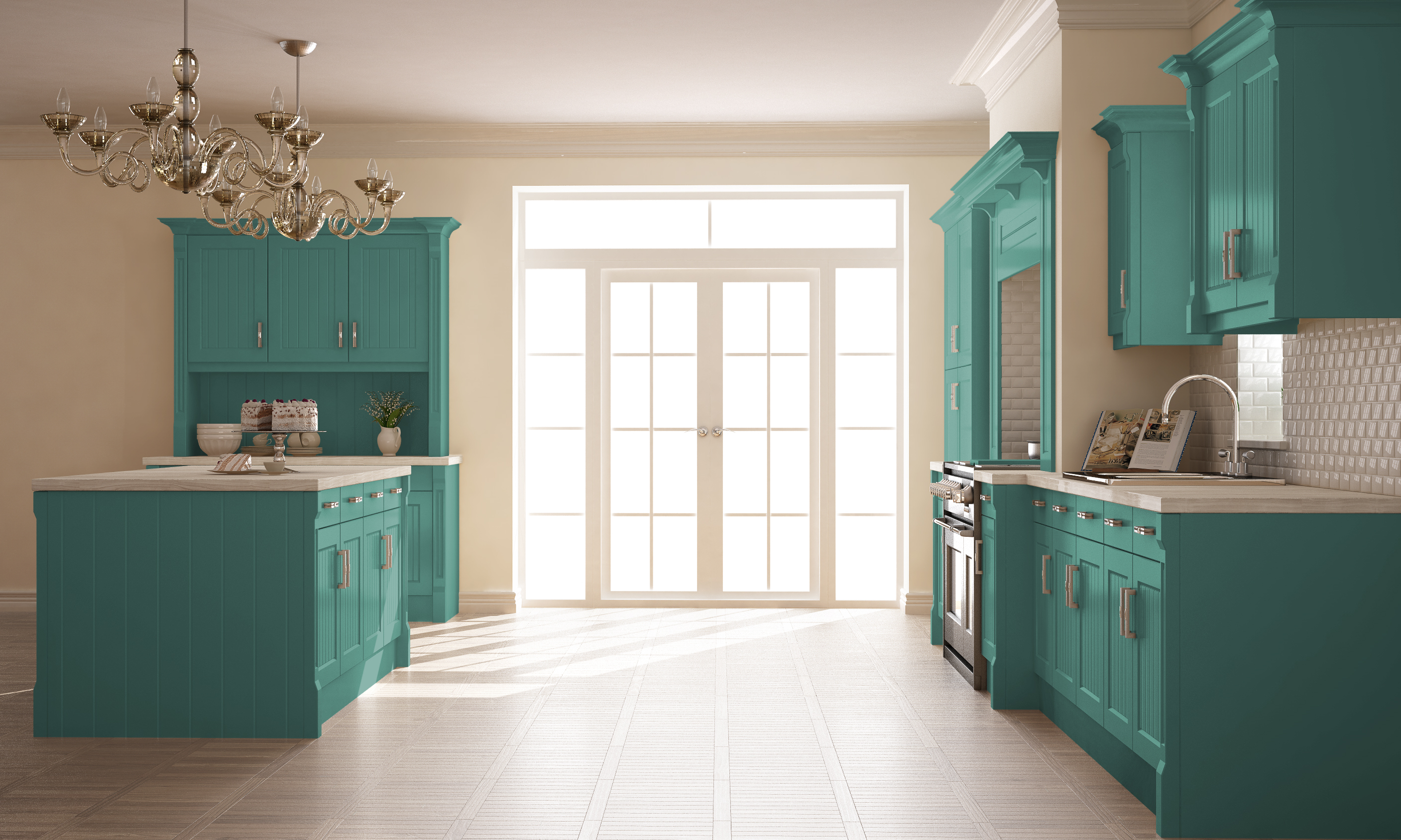 Kitchen with teal colored cabinets