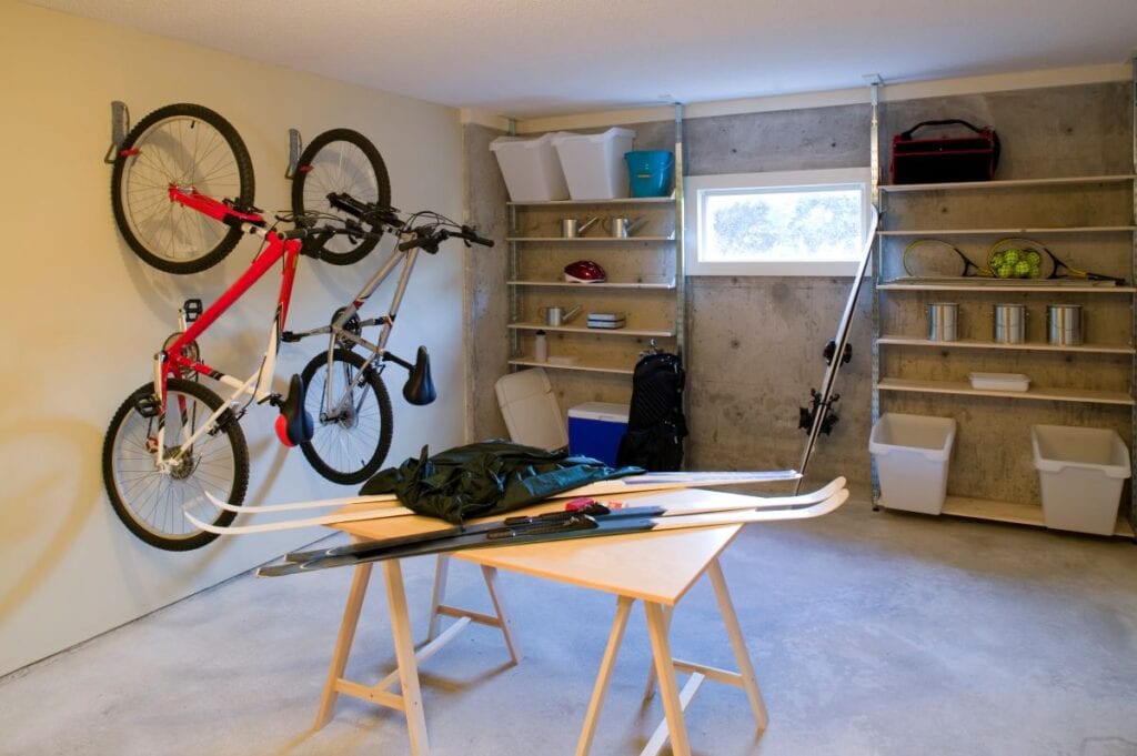 Garage organized with wall shelves