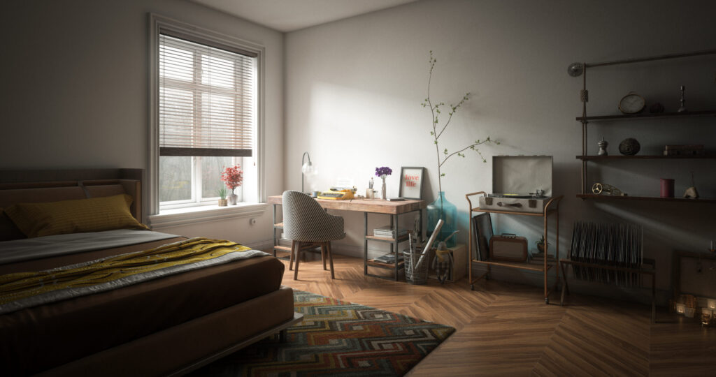 Digitally generated cozy and messy home interior design with a small workplace, double bed and lots of home props. The scene was rendered with photorealistic shaders and lighting in Autodesk® 3ds Max 2016 with V-Ray 3.6 with some post-production added.