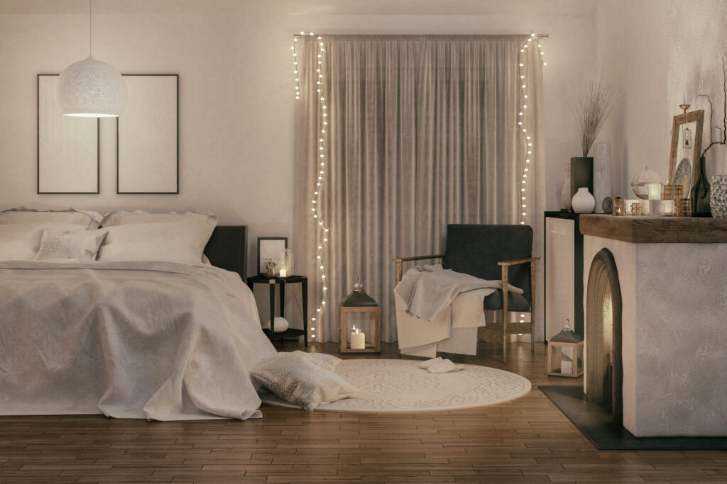 Picture of a cozy bedroom with Christmas decorations. Render image.