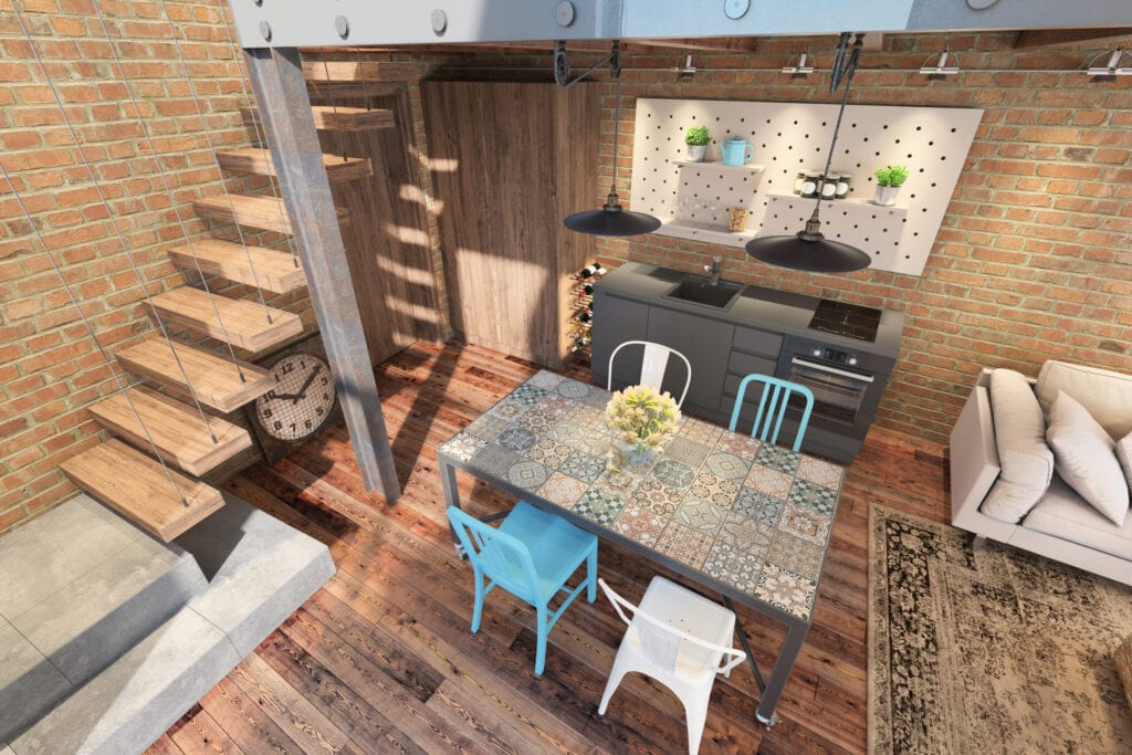 Vintage style interior with industrial style kitchen with dining table and chairs. Scandinavian style brick