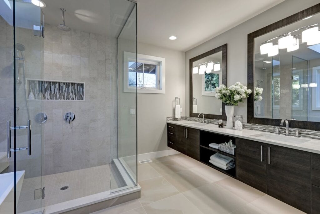 MOdern bathroom with greige walls and waterfall shower