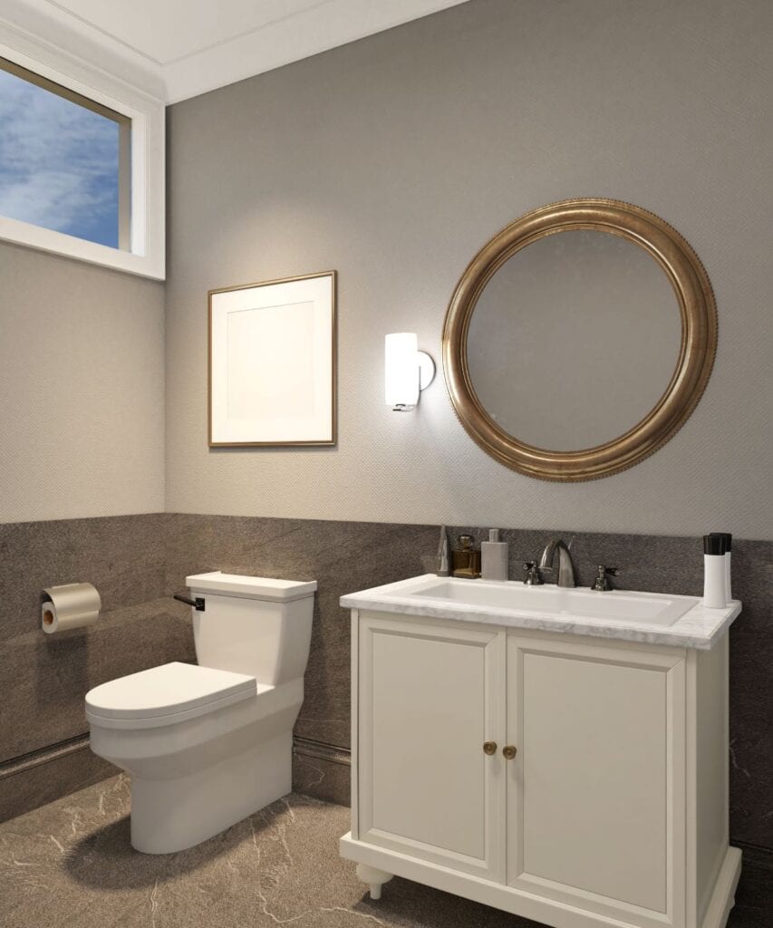 Modern powder room with wainscotting and greige paint