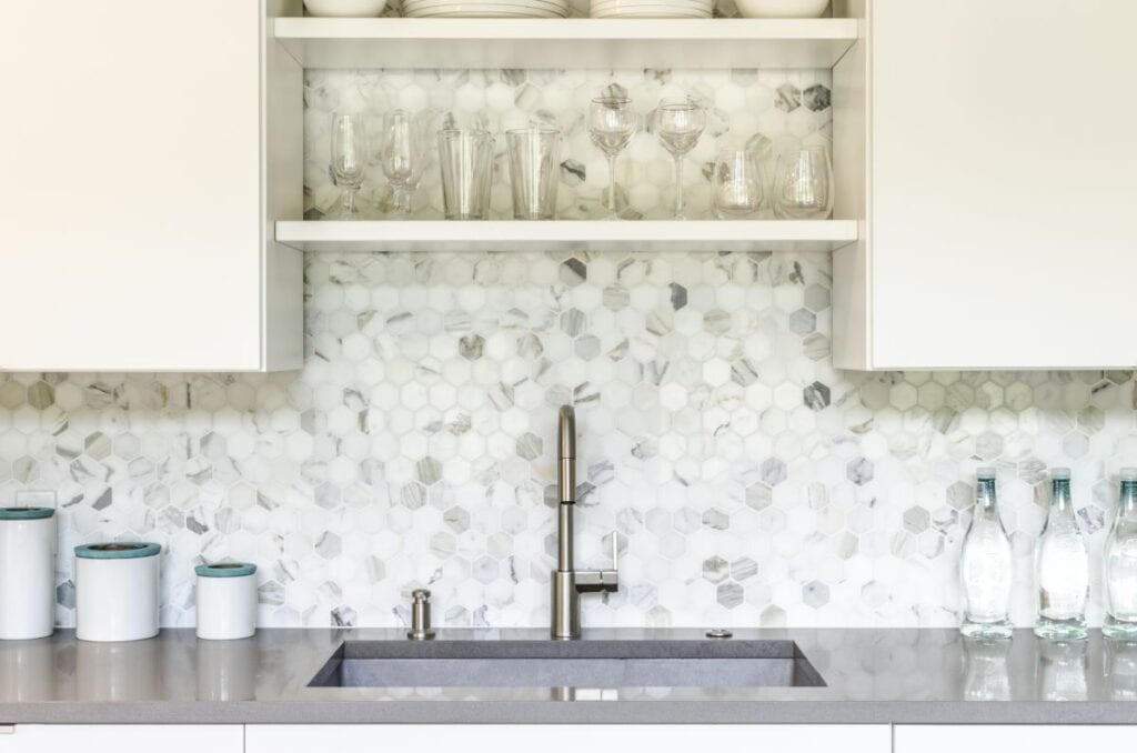 Gray and white kitchen backsplash