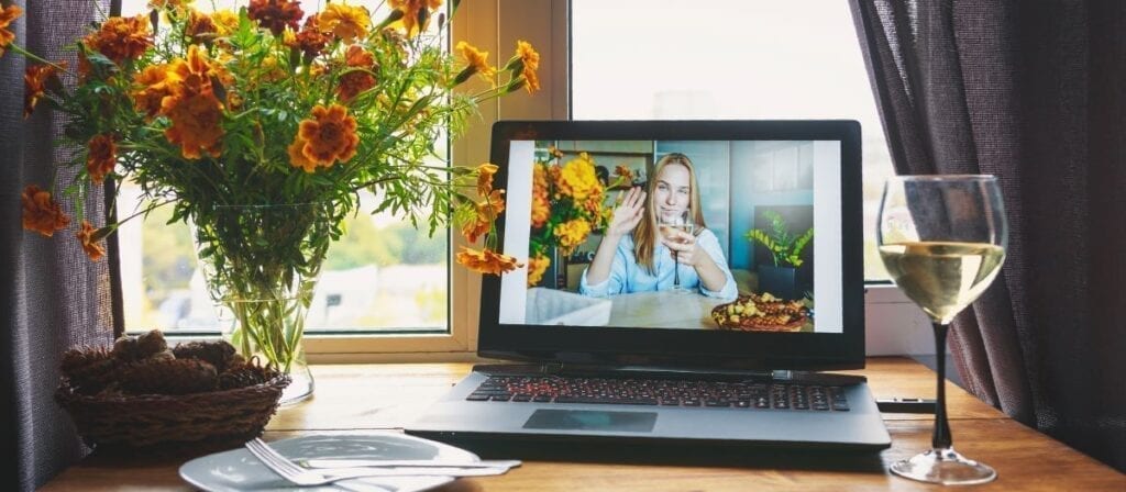 Remote thanksgiving celebration over video call on laptop