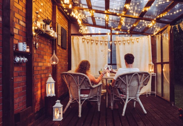 Balcony with cozy lights