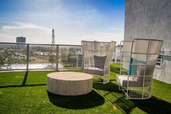 Faux grass on apartment balcony