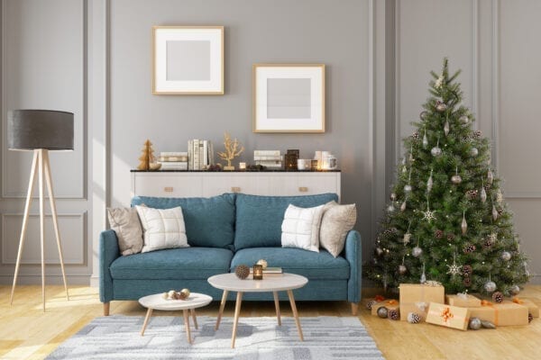 Picture Frame, Sofa And Christmas Tree In Living Room