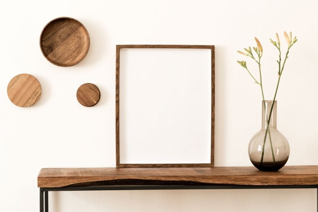 Modern home decorating with wood accents on a shelf