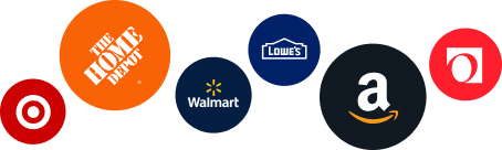 Logos for Target, Home Depot, WalMart, Lowes, Amazon and Overstock