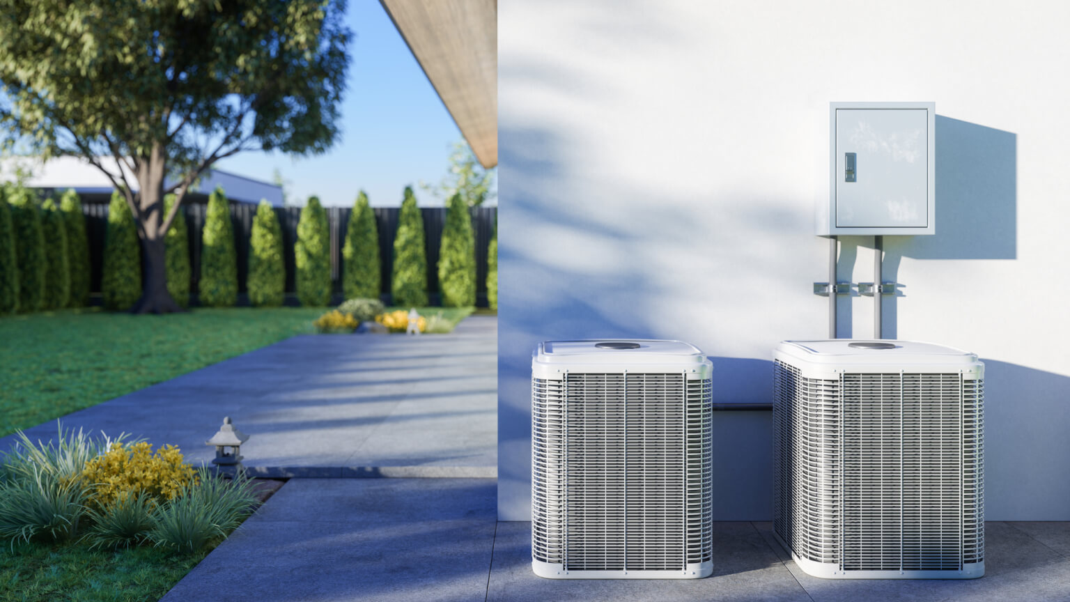 Close-up View Of Air Conditioning Outdoor Units In The Backyard