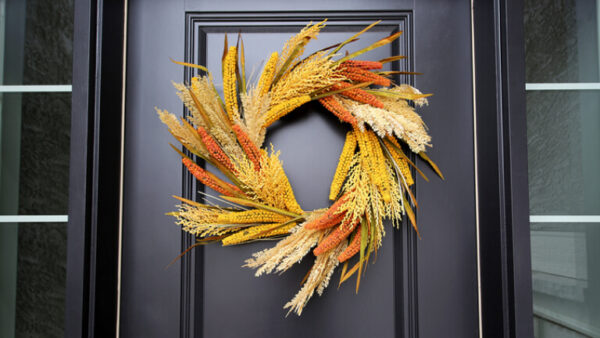 Black Front Door Autumn Wreath Close Up