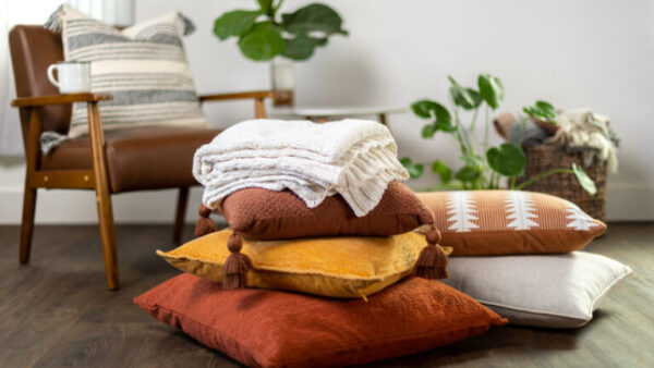 Fall Pillows and Blanket Stacked Up
