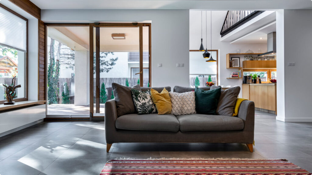 Modern interior design - living room with gray tile flooring