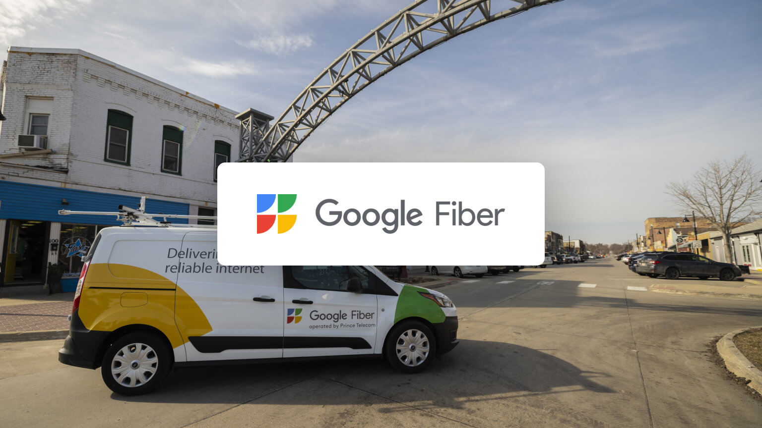 Google Fiber car driving down the street in Iowa