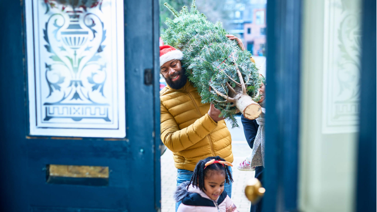 Mid adult man in Santa hat carefully carrying Christmas tree through open doorway with daughter ahead of him