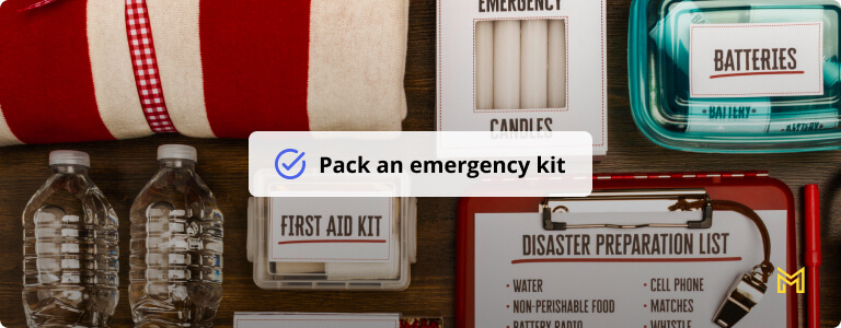 Flat lay of a collection of items for disaster preparedness and emergency planning