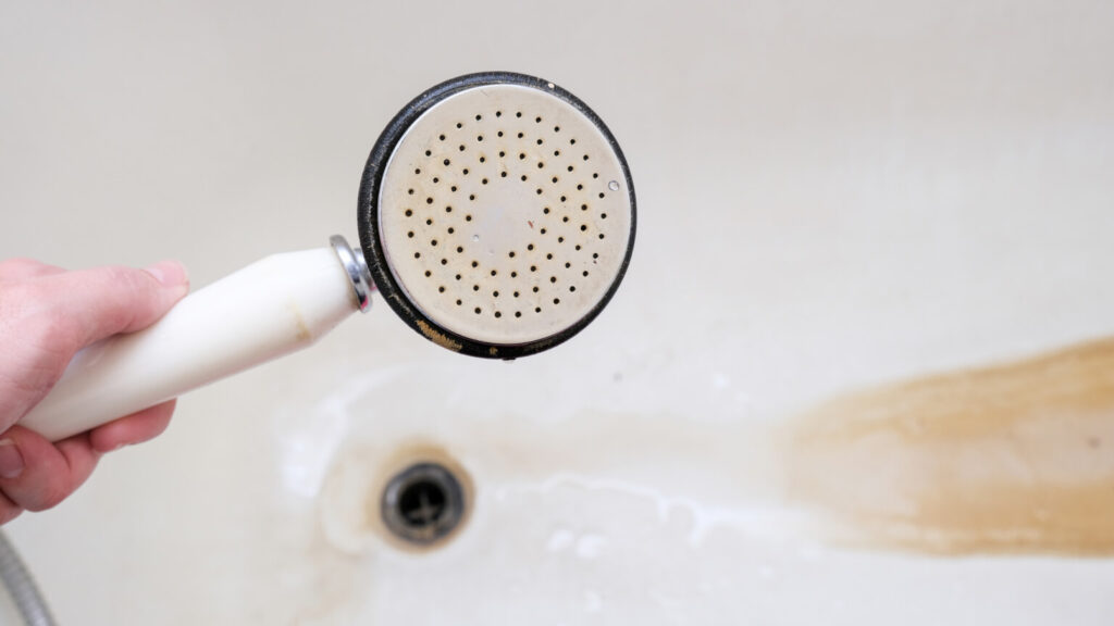 Dirty old shower head close up with limescale and calcified, rusty shower mixer and mould tiles on background, cleaning bathroom concept